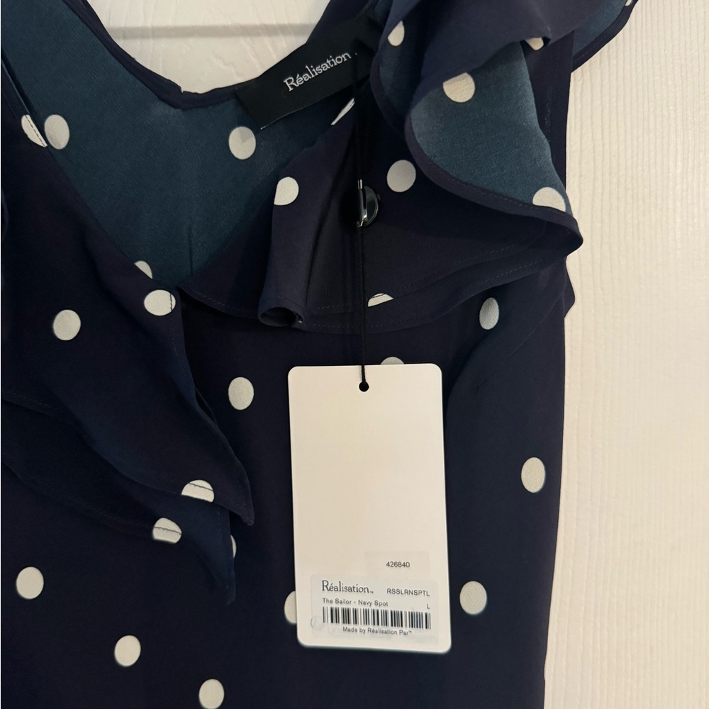 Realisation Par THE SAILOR Size L Navy Polka Dot Ruffle Midi Dress - Picture 4 of 5